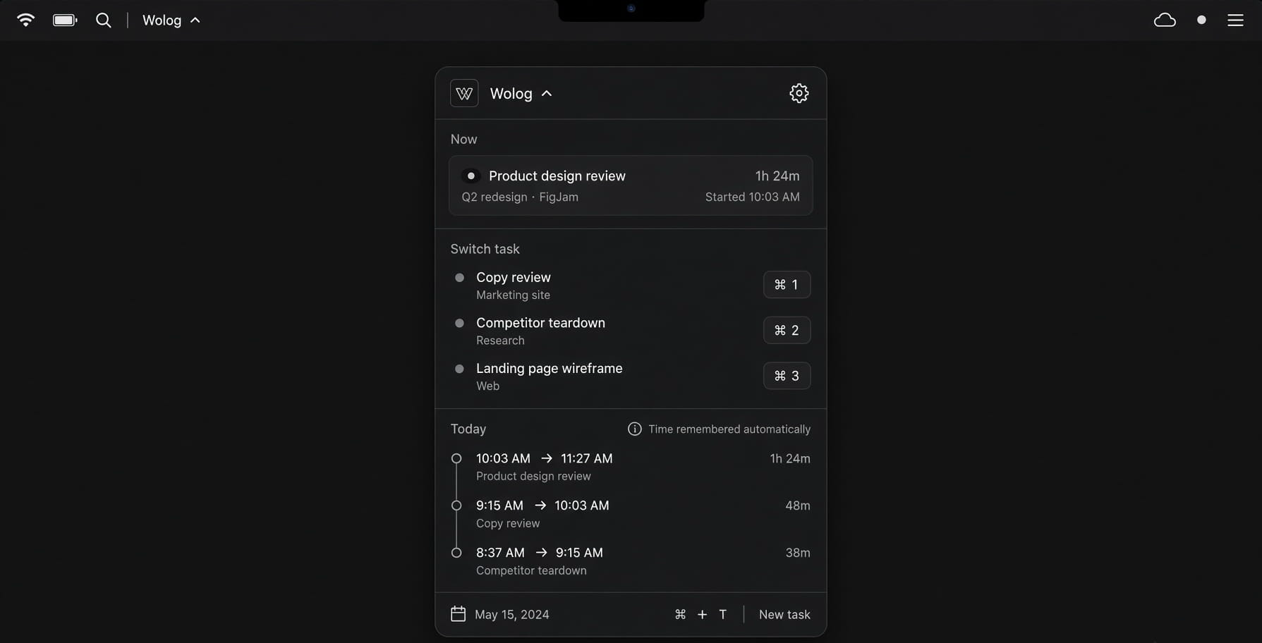 Wolog menu bar time tracking on macOS